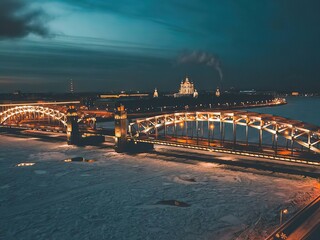 St. Petersburg. Russia. Night panorama of the Smolny Cathedral in St. Petersburg. Annunciation bridge