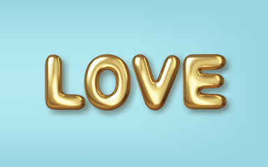 Happy Valentines Day greeting card. Realistic 3d gold metallic text on blue background. Love and wedding. Template for products, web banners and leaflets. Vector