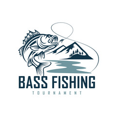 Fototapeta premium Illustration of a vintage fishing logo concepts. For emblems, labels, symbol, badge, icon, sticker on catching fish. Fish logo design vector template 