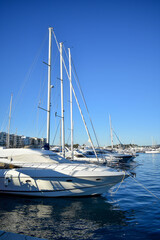 Fototapeta premium Ibiza Town, Ibiza / Spain - January 12, 2021: City of Ibiza, Spain. Old area of Dalt Vila, Santa María Cathedral and marina. It is a very touristic area..