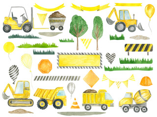 Fototapeta Construction clipart trucks, road signs, balloons, ribbons, trees children's collection for birthday party decoration Watercolor hand painted kids design obraz