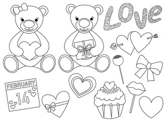 Set Valentine's day Bears heart balloons gifts candy black and white coloring vector illustration	
