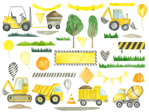 Construction Clipart Trucks, Road Signs, Balloons, Ribbons, Trees Children's Collection For Birthday Party Decoration Watercolor Hand Painted Kids Design