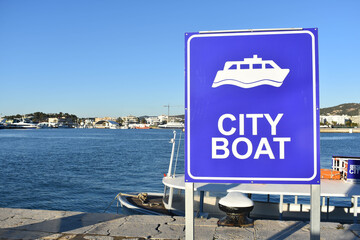 Ibiza Town, Ibiza / Spain - January 12, 2021: City of Ibiza, Spain. Ship departures sign touristic area.