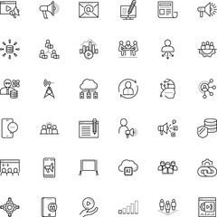 communication vector icon set such as: crowd, tower, bitrate, movie, press, hyperlink, profile, program, revenue, file, pro, upload, pen, glyph, outline, chain, event, e learning and education
