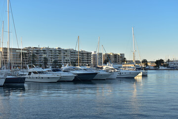 Ibiza Town, Ibiza / Spain - January 12, 2021: City of Ibiza, Spain. Old area of Dalt Vila, Santa María Cathedral and marina. It is a very touristic area..