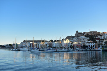 Ibiza Town, Ibiza / Spain - January 12, 2021: City of Ibiza, Spain. Old area of Dalt Vila, Santa María Cathedral and marina. It is a very touristic area..