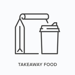 Takeaway food flat line icon. Vector outline illustration of drink cup and paper bag. Black thin linear pictogram for take out meal packaging