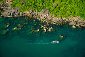 Aerial view of traditional fishermen boats lined in An Thoi harbor of Duong Dong town in the popular Phu Quoc island, Vietnam, Asia.