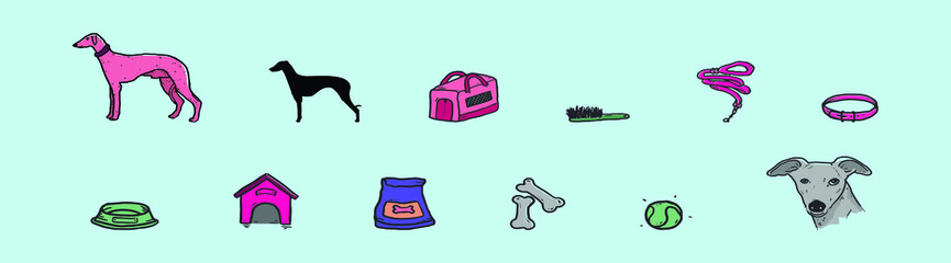 set of whippet dog cartoon icon design template with various models. vector illustration isolated on blue background