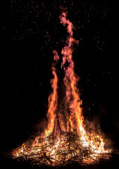 Branches on fire. Flames and sparkles on black background