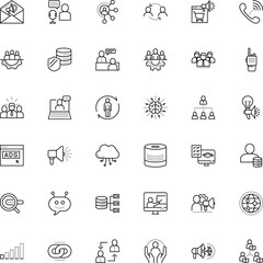 communication vector icon set such as: shout, artificial, paperclip, cooperation, protection, commerce, questionnaire, giving, asynchronous, e-learning, character, anatomy, planet, algorithm