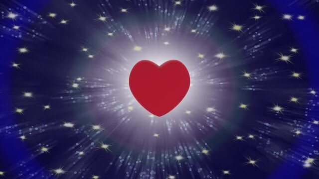 Animazione illustrazione 3D. . Piccoli cupido dorati ruotano attorno ad un rosso cuore. Simbolo di amore e di San Valentino..
