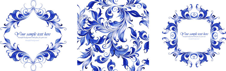 Blue floral watercolor gzhel frames and elements