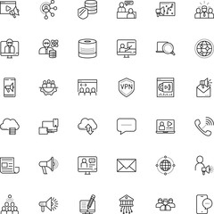 communication vector icon set such as: analyst, finance, coaching, users, attention, scientist, key, opinions, window, stream, commerce, newspaper, letter, database, wireframe, post, android, check