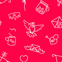 Seamless pattern with symbols of love with hearts, dove, love notes, lock from the heart. Pattern for Valentine's Day on a red background. Flat vector illustration.