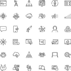 communication vector icon set such as: men, algorithm, school, course, lens, special, research, comment, voice, window, thumb, tribune, audio, corporation, public, wide, delegation, arrow, low