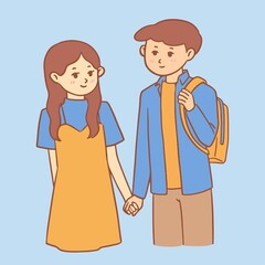 Boy and Girl Holding Hands Cute Illustration Hand Drawn