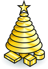 A simple iconic golden christmas tree with a star and three presents/gifts.
