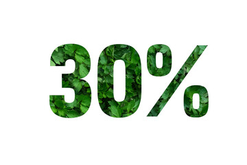 Spring sales or summer.30 percent discount on promotion on white poster,banner.advertising with Numbers on paper,cut out of green sprouts of grass. for your holiday posters,offers percentage discounts