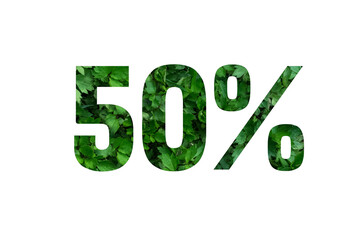 Spring sales or summer.50 percent discount on promotion on white poster,banner.advertising with Numbers on paper,cut out of green sprouts of grass. for your holiday posters,offers percentage discounts