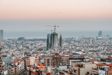 Barcelona, Spain - Feb 24, 2020: Sagrada Familia Church in sunset glow