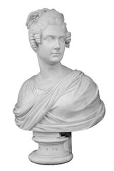 Gypsum copy of ancient statue woman head isolated on white background. Plaster sculpture woman face