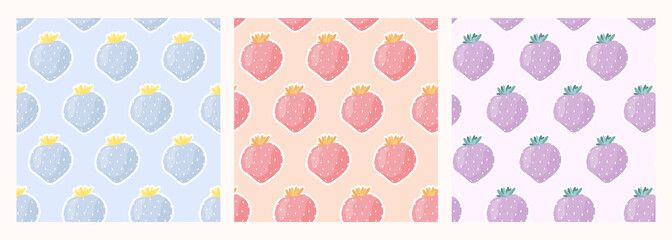 Set seamless different strawberry pattern. Pattern for wrapping paper and design, print on textiles. Vector stock illustration. Cute childish illustration in pastel colors. Berry color background.