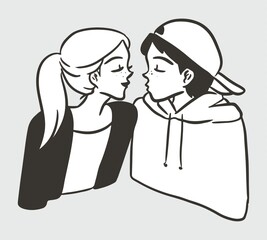 cute kiss young character simple black white illustration