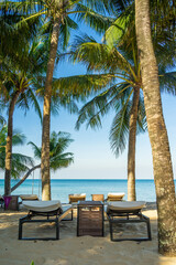 Chairs and umbrella In palm beach - Tropical holiday banner. White sand and coco palms travel tourism wide panorama background concept and swing under tree