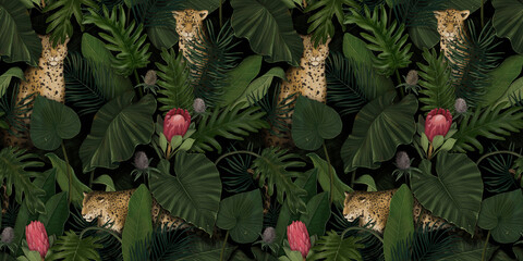 Exotic tropical pattern with leopards in palm leaves with protea flowers. Hand drawing botanical background for wallpaper making, fabric printing, wrapping paper, fabric, notebook covers, goods.