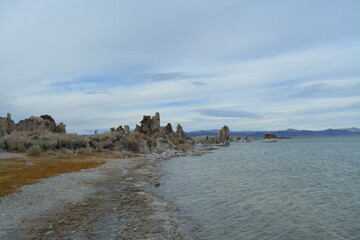 beautiful Mono Lake Tufa State Natural Reserve in eastern California on a cold December day, tufa pinnacles in dusk