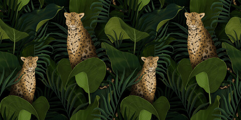 Exotic tropical pattern with leopards in palm leaves with protea flowers. Hand drawing botanical background for wallpaper making, fabric printing, wrapping paper, fabric, notebook covers, goods.