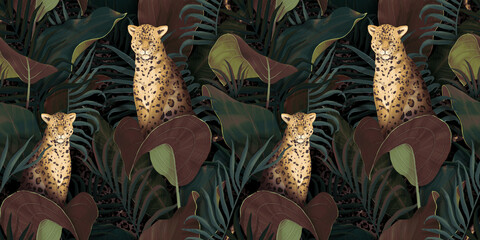 Exotic tropical pattern with leopards in palm leaves with protea flowers. Hand drawing botanical background for wallpaper making, fabric printing, wrapping paper, fabric, notebook covers, goods.