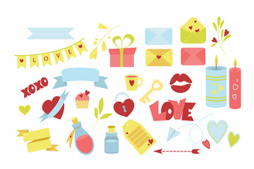 Set of elements for Valentine's Day on a white background. Cute vector icons for the holidays. Set of drawings with love. Hearts, ribbons for inscriptions, twigs with leaves, inscriptions