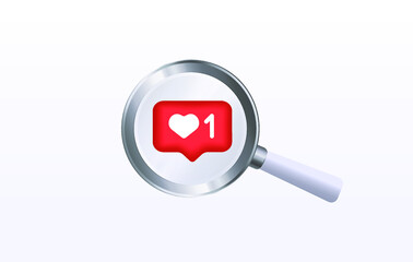 Like in magnifying glass, magnifying glass of love, find your like. Banner, postcard, vector illustration.