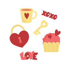 Set of elements for Valentine's Day on a white background. Cute icons for the holidays. Set of drawings with love. Heart lock and key. Cake and a cup with a heart. Xoxo lettering