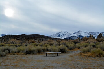lonely bench between grass and desert at the Mono Lake Natural Reserve with snow covered mountains in the background
