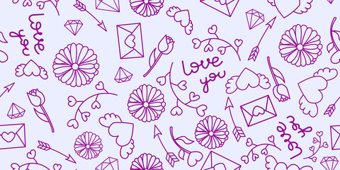 Valentine's day blue pattern I love you. Love purple shapes doodles texture for paper.