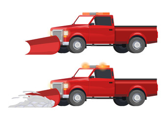 Vector Illustration red pickup truck, snow cleaning, road service, blizzard, snow, road works.