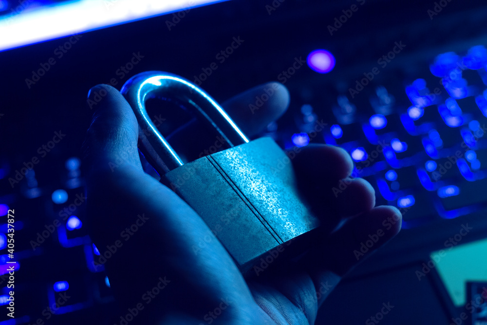 Poster digital technology of laptop keyboard computer, network ai data information, security safety lock of