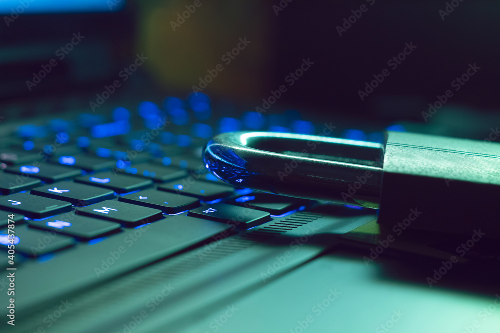 Poster digital technology of laptop keyboard computer, network ai data information, security safety lock of