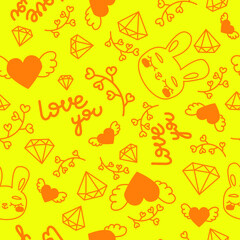 Valentine's day yellow pattern. Rabbit orange texture love with hearts.