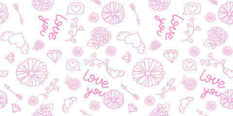 Valentine's day white pattern i love you. Pink love shapes texture for paper.