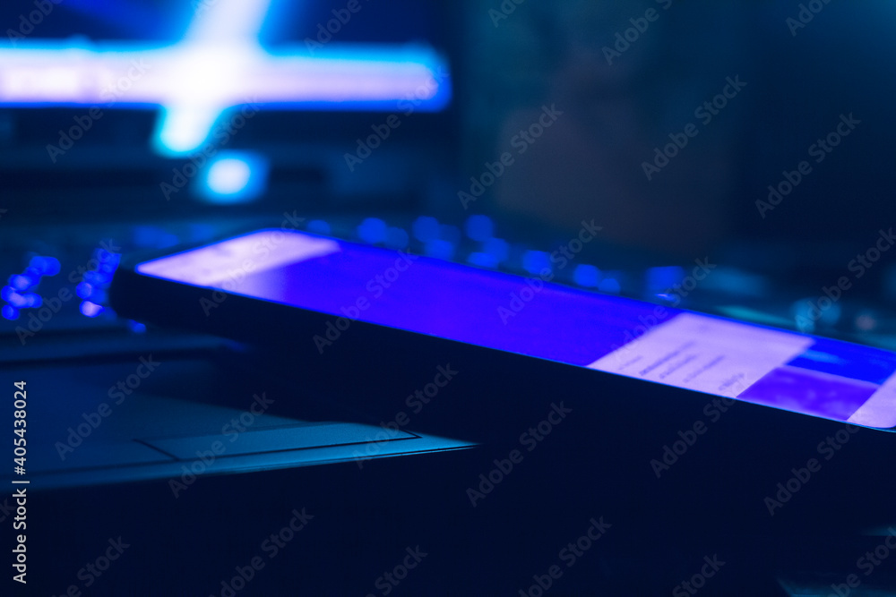 Poster digital technology of laptop keyboard computer, network ai data information, security of internet pr