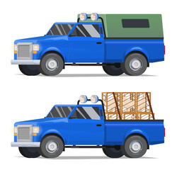 Vector Illustration blue pick-up truck, village, delivery of chickens, wooden boxes. Country farm.