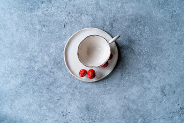 Handmade Ceramic Coffee or Tea Cups with Pumpkin and Mushroom Pattern Figure Design Handcrafted. Handicraft.