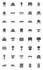 Modern furniture vector icons set, modern solid symbol collection, filled style pictogram pack. Signs, logo illustration. Set includes icons as bed sofa, couch furniture, table, cupboard, armchair