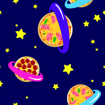 Pizza in space pattern, texture blue with stars for kids