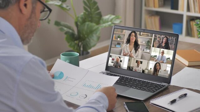 business people communicate using video chat conference laptop app,female ceo executive leader talking with her work group during an online meeting sharing company data report,remote working concept